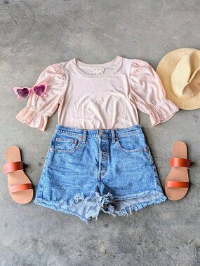 Nation Ltd Bia Tee Gathered Puff Shoulder Short Sleeve Top Blush Pink small